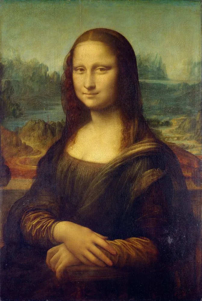 Portrait of a woman with folded hands and a faint smile in front of a hazy landscape
