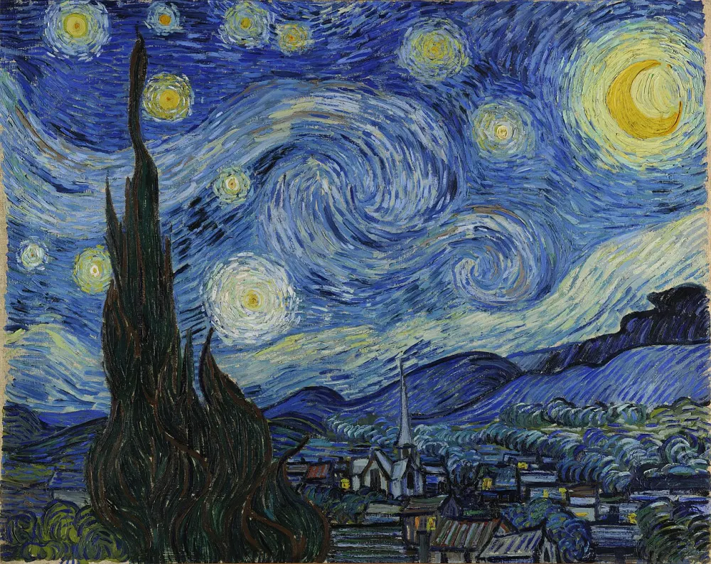 A swirling night sky with a crescent moon above a sleeping village and a dark flame-shaped tree