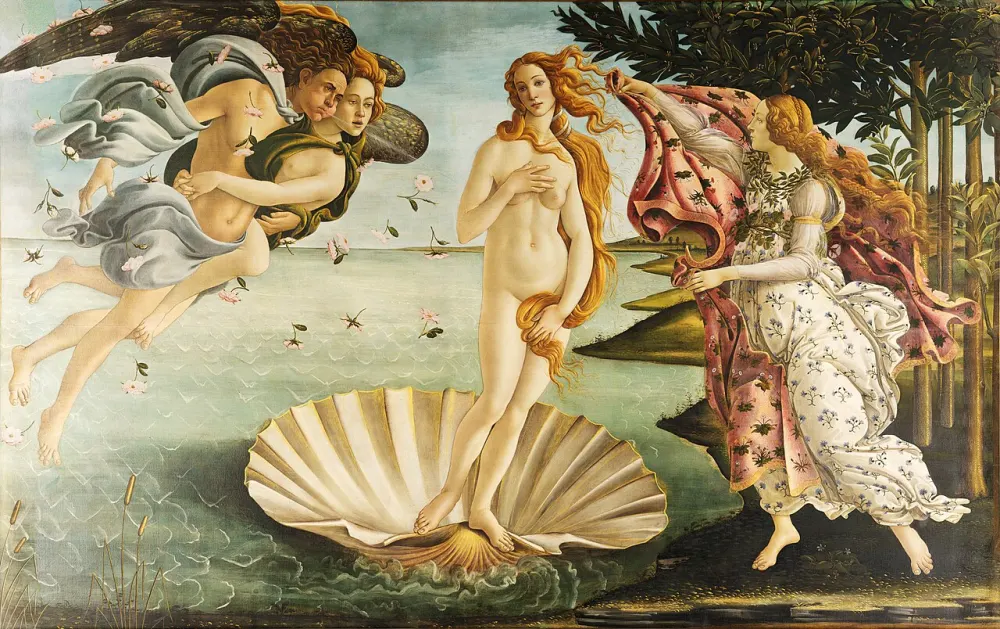 A goddess standing on a giant scallop shell at sea, blown ashore by winged figures