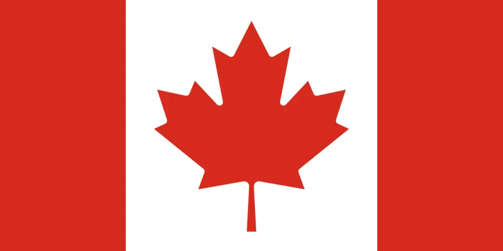 A flag with red bands on each side and a stylised red leaf on a white centre square