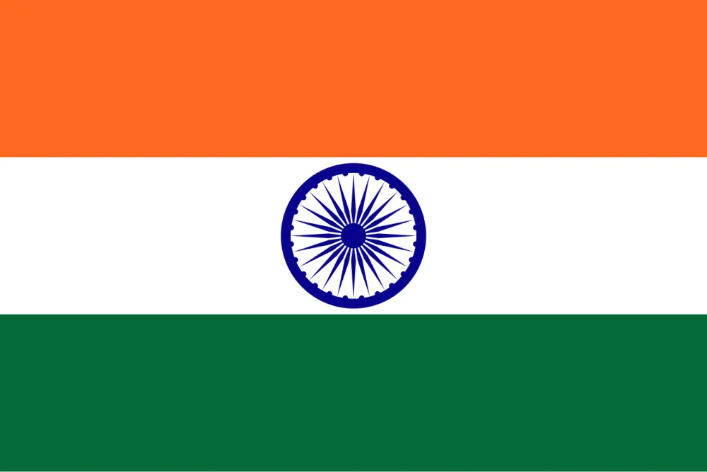 A saffron, white and green horizontal tricolour with a navy-blue spoked wheel in the centre