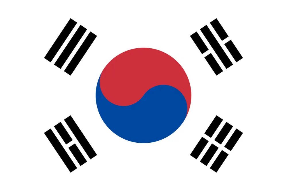 A white flag with a red and blue circle in the middle and four black bar patterns around it