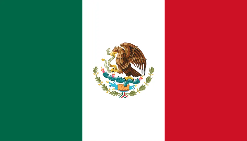 A green, white and red vertical tricolour with an eagle emblem in the centre