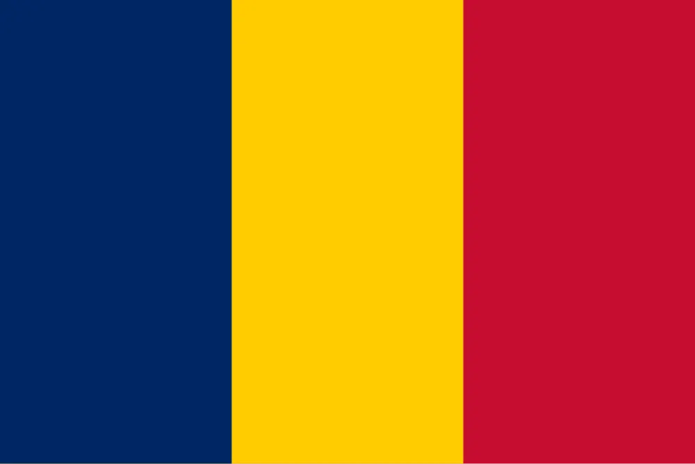 A flag with three vertical stripes of dark blue, yellow and red