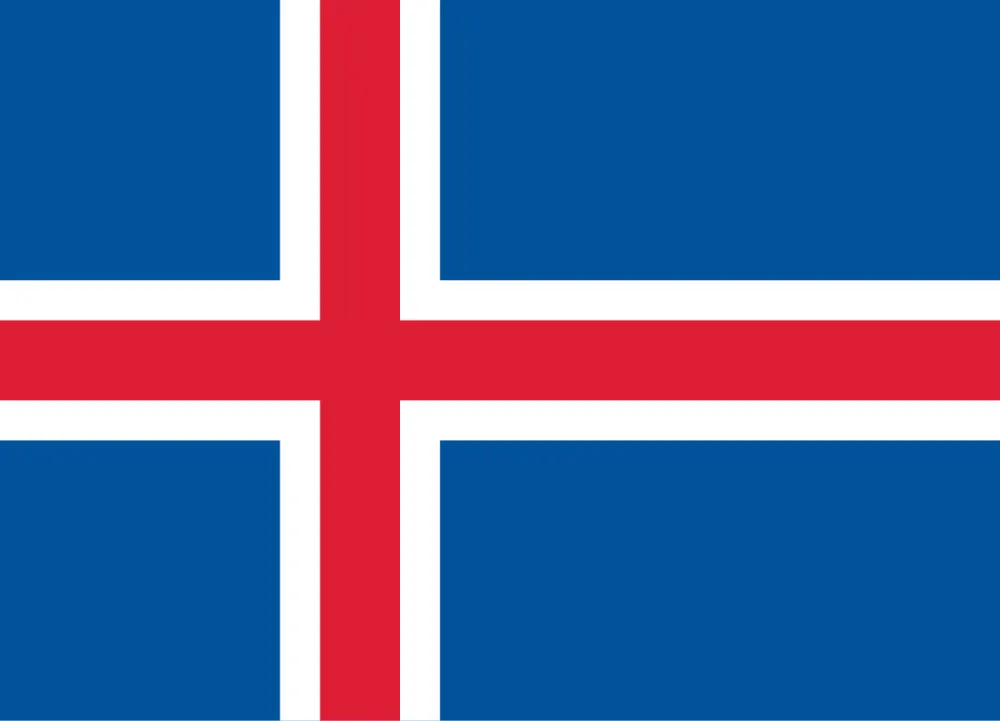 A blue flag with an off-centre red cross outlined in white