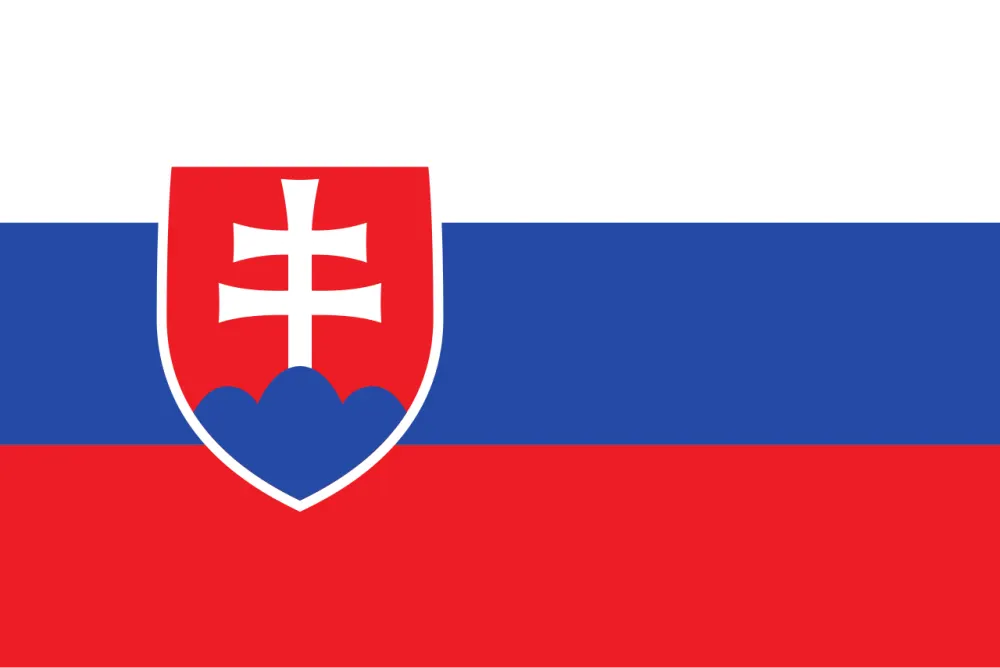 A white, blue and red horizontal tricolour with a red shield bearing a white double cross