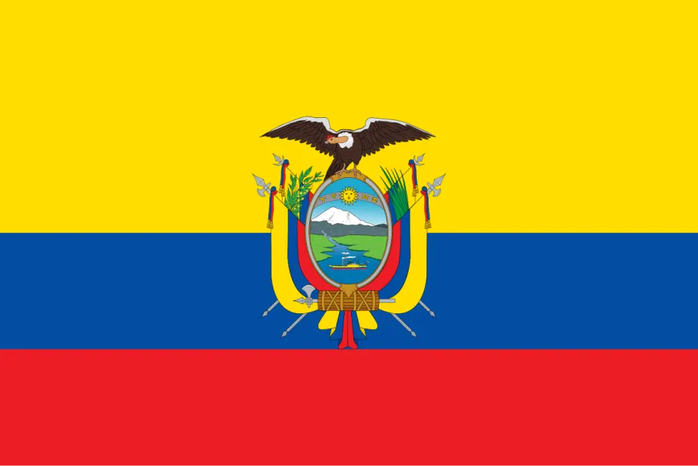 A yellow, blue and red horizontal flag with a coat of arms topped by a large bird in the centre