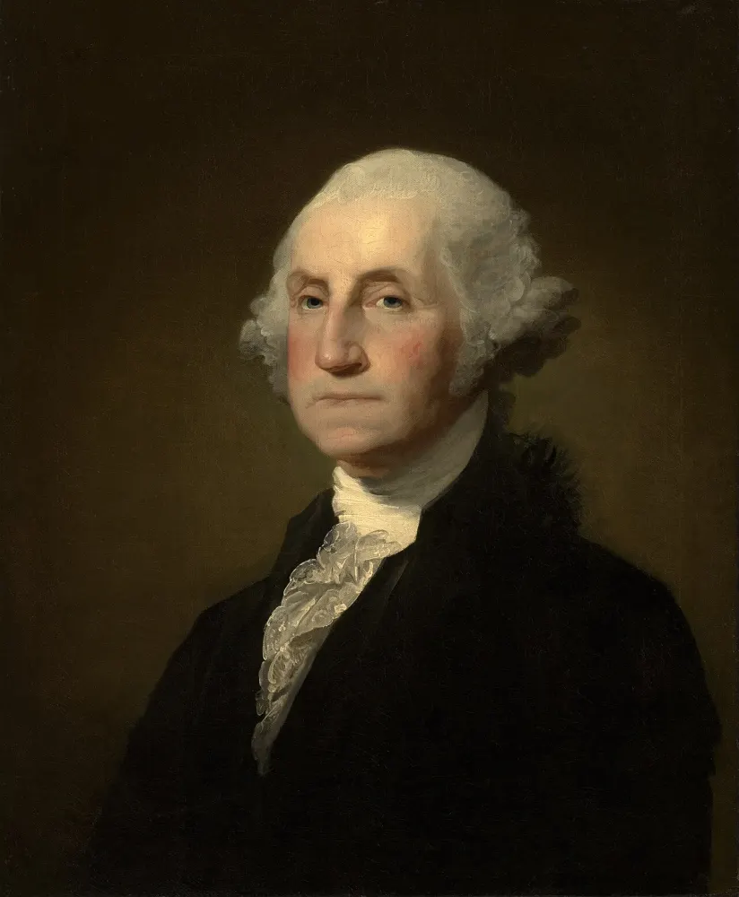 Oil painting of an older man with powdered white hair, a white lace cravat and a black coat